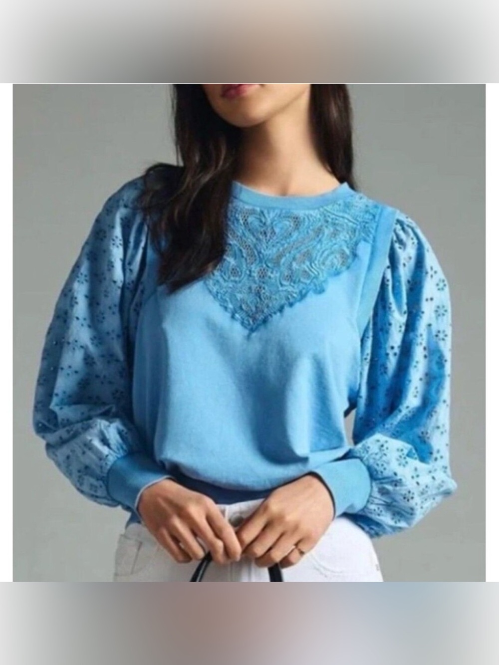 ANTHROPOLOGIE PILCRO Washed Light Blue Eyelet Sleeves Lace Pullover Sweatshirt - Picture 2 of 10
